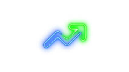 Neon arrow trend up symbol icon blue green color glowing with transparent background