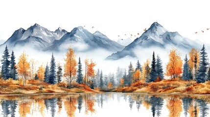 Autumn mountains set of watercolor illustrations. landscape design watercolor hand painting. Trees and majestic mountains under a hazy sky.