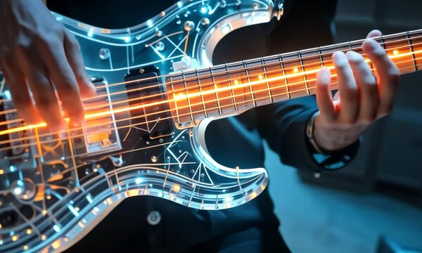 A musician playing a futuristic transparent electric guitar with glowing neon strings. Concept of modern music and digital aesthetics