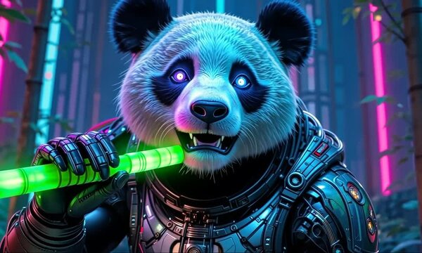Futuristic cyberpunk panda with glowing blue eyes holding a neon green test tube in a high-tech laboratory with neon lights. Concept of sci-fi and genetic engineering