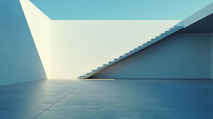 Obraz premium Modern Architectural Interior With Concrete Floor White Walls and Staircase Bathed in Sunlight