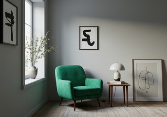 Serene Green Velvet Armchair in a Modern Minimalist Living Room