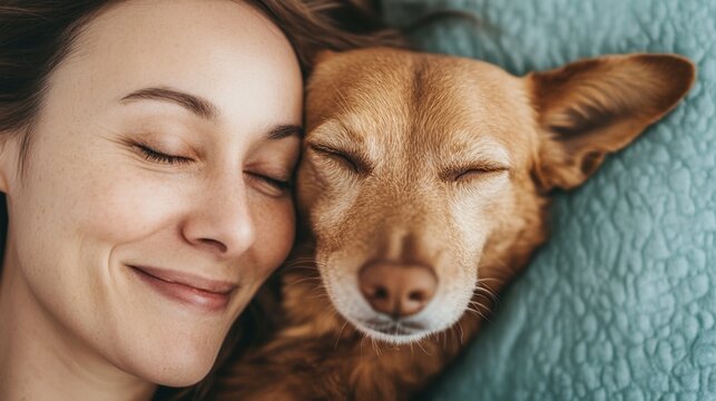 National Pet Day, Woman and Dog Napping Together Close Up Peaceful Scene of Relaxation and Companionship - Powered by Adobe