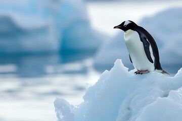 Obraz premium Step into Antarctica’s chill domain where penguins rest on icy rims, set against endless white fields, sparking grit and fellowship. 