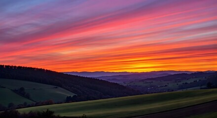 A vibrant sunset sky in shades of pink, orange, and purple over rolling hills, AI Generated