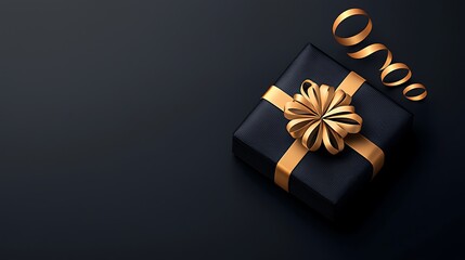 Black Gift Box Gold Ribbon Dark Background.