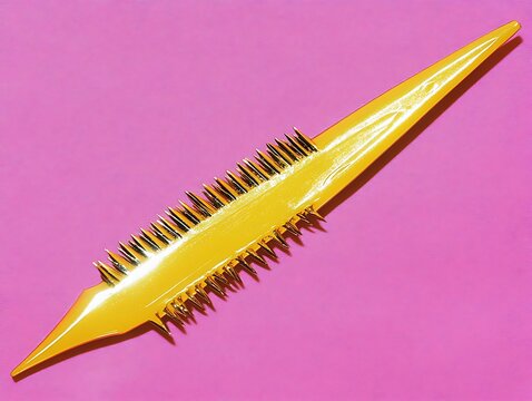 Abstract yellow object with spikes on pink background, modern concept