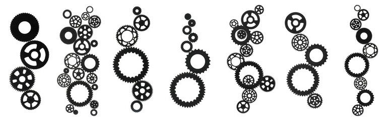 Collage of black paper gears on white background