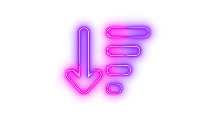 Neon arrow-down-wide-short symbol icon pink purple color glowing with transparent background
