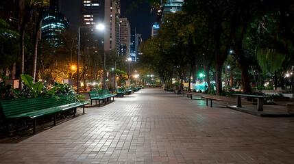 Nighttime City Park Pathway Lined With Green Benches and Trees Under Illuminated Street Lights in Urban Setting