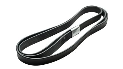 New black multi ribbed belt with metal clip on transparent background