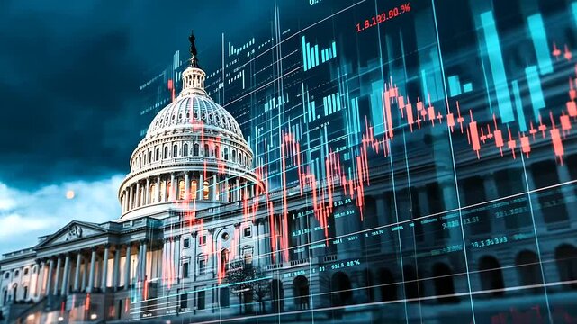 The U.S. Capitol under a stormy sky, its classical architecture juxtaposed with a translucent financial chart made of glowing holograms, symbolizing economic uncertainty and regula
