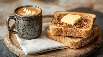 A beautifully arranged breakfast composition featuring a warm, crispy toast with creamy butter, a bold espresso