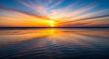 Obraz premium A watercolor sunset mirrored on the surface of a glassy ocean, Ai Generated