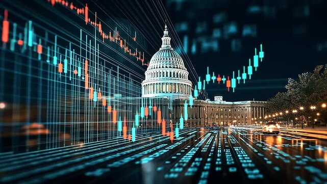 A surreal composition of the Capitol building emerging from a giant, undulating stock market graph, where each column represents financial data points, blending politics and econom