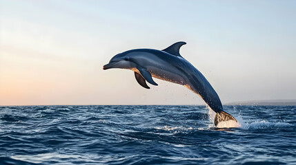 Obraz premium Dolphin Jumping During Sunset Over Ocean