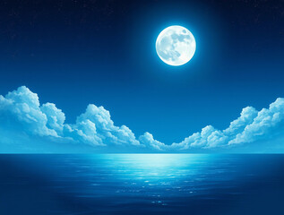 Tranquil Nightscape: Super Moon Glowing Over Sparkling Waves and Cloud Veils