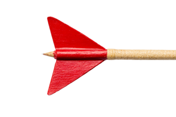 Vintage red arrow with wooden shaft, closeup view , cut out transparent