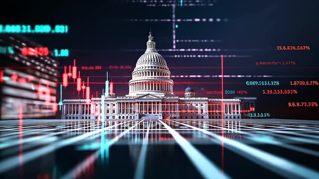 A futuristic interpretation of Washington D.C., with the Capitol building at its center, surrounded by floating D stock market charts glowing in soft neon, signifying digital fina