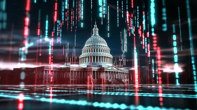 A futuristic interpretation of Washington D.C., with the Capitol building at its center, surrounded by floating D stock market charts glowing in soft neon, signifying digital fina