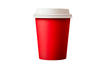 Red disposable cup for hot drinks with white lid, cut out transparent