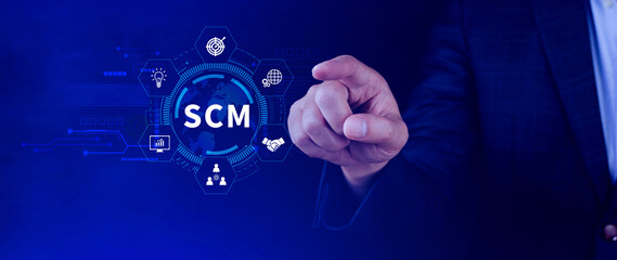 SCM concept, Supply Chain Management, Logistic and transport, Communication network. organizing and controlling resources to meet the needs of customers.
