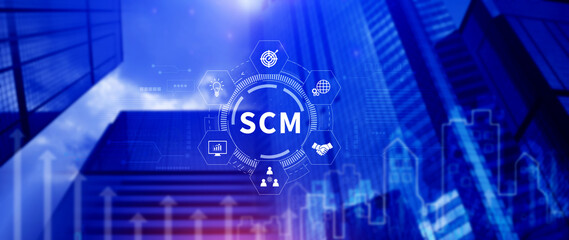 SCM concept, Supply Chain Management, Logistic and transport, Communication network. organizing and controlling resources to meet the needs of customers.