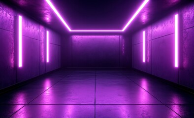 In a dark tunnel, multicolored neon lamps cast reflections on the surrounding walls