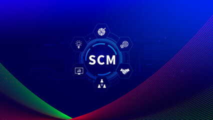 SCM concept, Supply Chain Management, Logistic and transport, Communication network. organizing and controlling resources to meet the needs of customers.