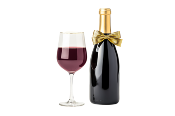 Red wine bottle and glass, gift with bow, cut out transparent