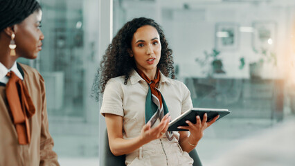 Tablet, meeting and business women in office for creative editorial project for magazine....