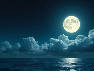 Fototapeta premium Luminous Twilight: A Radiant Moon Casting Light Over Serene Seas and Drifting Clouds