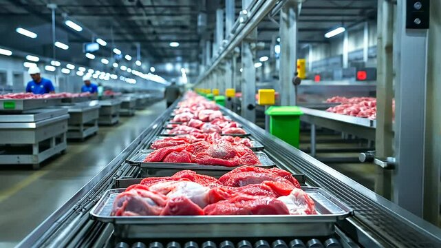 A large-scale poultry processing factory with multiple conveyor belts running parallel, each carrying different types of raw chicken cuts, ready for sorting and packaging.