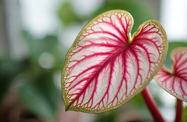 Close up Caladium White Queen leaf. Pink, green veins, heart shape. Exotic houseplant in room. Tropical plant with vibrant colours. Botanical illustration. Floral design.