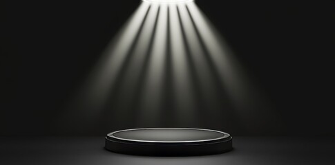 A 3D rendering of a pedestal and platform display accompanied by a black stand podium, set against a dark room background, with a blank exhibition space or an empty product shelf