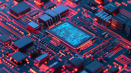 Closeup Of Glowing Circuit Board With Chip