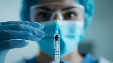 Reflection of a veterinarian in the glass of a syringe, conceptual and metaphorical imagery