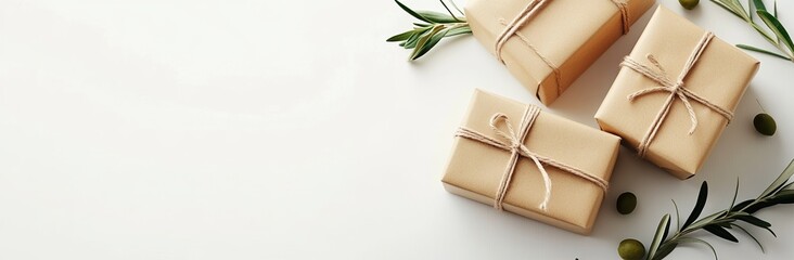Eco-friendly gift boxes are crafted on a white wooden surface, providing ample copy space for text