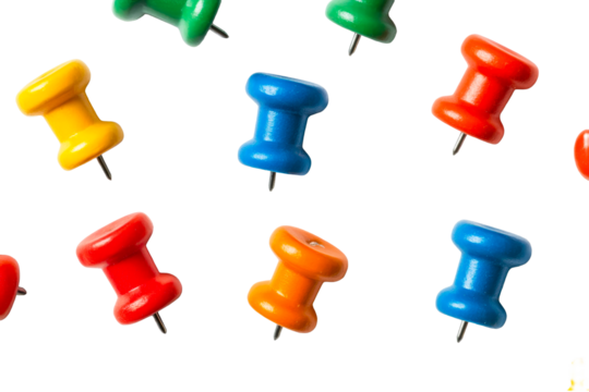 Colorful pushpins on black background close up, cut out transparent