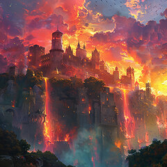 Obraz premium Fantasy Castle on Cliffside Under Dramatic Sky with Flowing Lava Effect