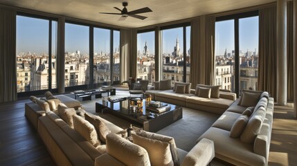 Parisian Penthouse Living Room, City View, Modern Interior