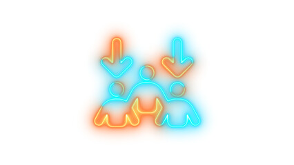 Neon arrows down to people symbol icon brown cyan color glowing with transparent background
