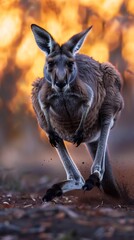 Obraz premium Western Grey Kangaroo kicking up dirt launch into full speed escape muscle tensed mid action high speed shutter capture every detail perfect clarity while dramatic golden hour lighting creates deep