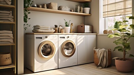 A photo of a renovated laundry room with storage.
