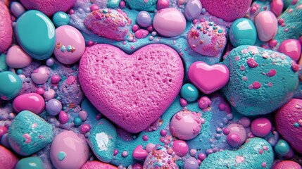 Obraz premium This Valentine's Day wallpaper boasts a 3D rendered background of intertwined hearts in pink, green, and aqua, creating a colorful and lively atmosphere
