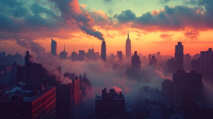 Fototapeta premium In the constructivist metropolis, Soviet brutalist buildings are silhouetted against the gloom of a cloudy afternoon sky