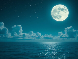 Cosmic Tide: A Full Moon’s Glow Over Velvet Clouds and a Shimmering Midnight Sea