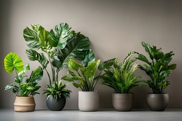 Set of potted plants with large leaves