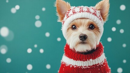 National Pet Day, Adorable Yorkshire Terrier Puppy in Red Knit Sweater and Winter Hat Snow Background