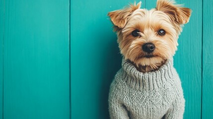 National Pet Day, Adorable Yorkshire Terrier Puppy in Knit Sweater against Teal Background